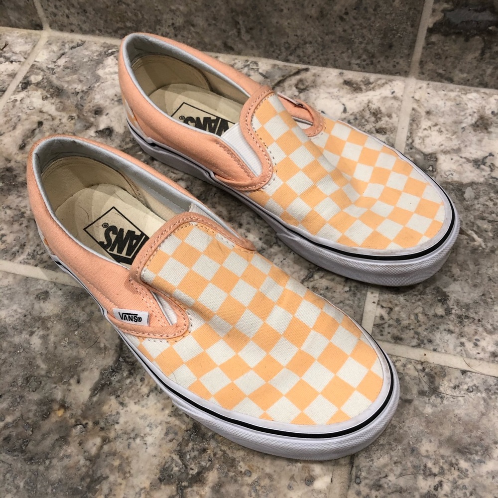 Peach checkered slip on Vans